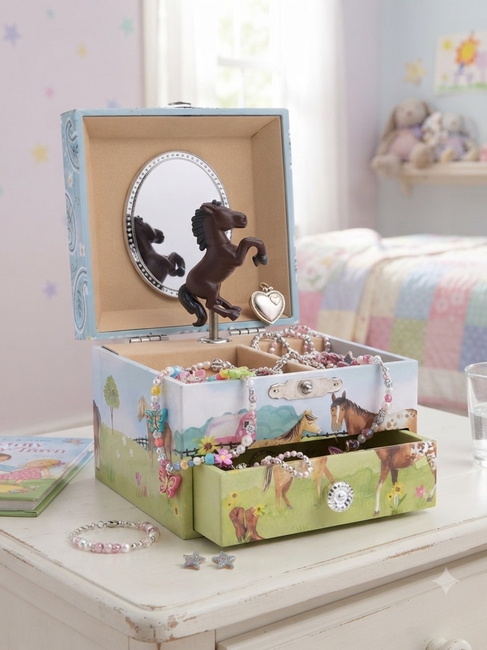 Horse Musical Jewelry Box for Kids - Green and Brown